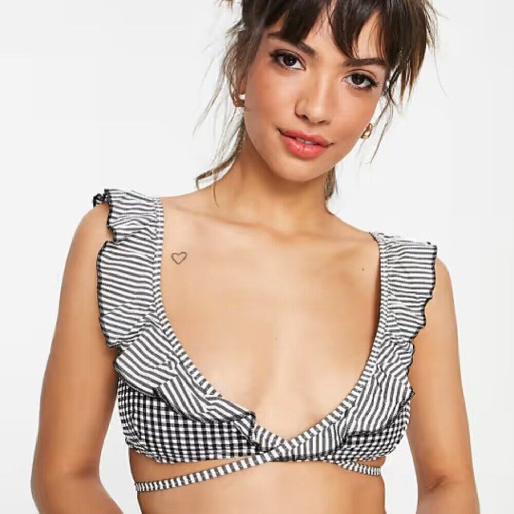 Aerie Seersucker Gingham Scoop Ruffle Wrap Bikini Top SIZE S Black White NWOT